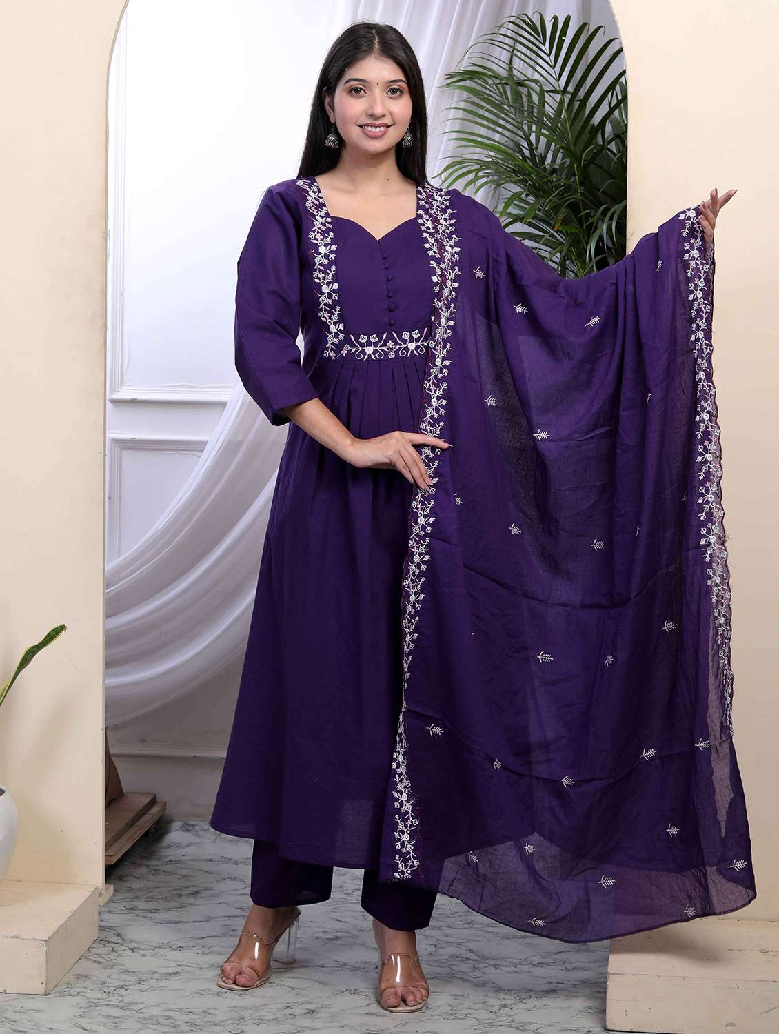 women solid with work three quarter sleeve kurta pant with dupatta set