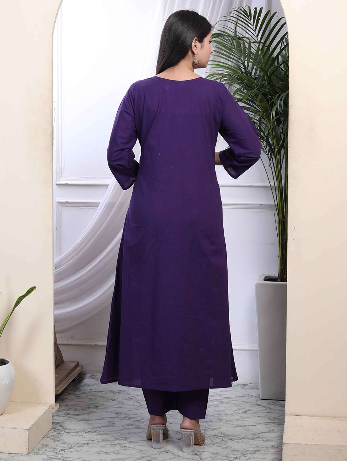 women solid with work three quarter sleeve kurta pant with dupatta set - 22285691 -  Standard Image - 3