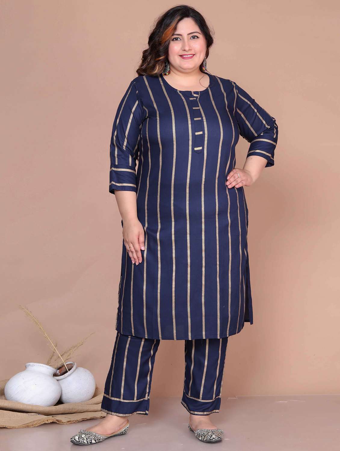 women plus size striped three quarter sleeve kurta pant set