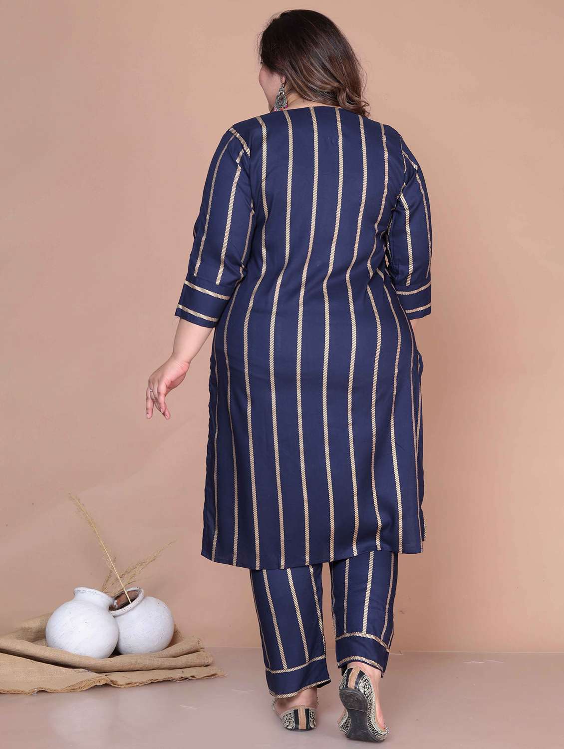 women plus size striped three quarter sleeve kurta pant set - 22285701 -  Standard Image - 3