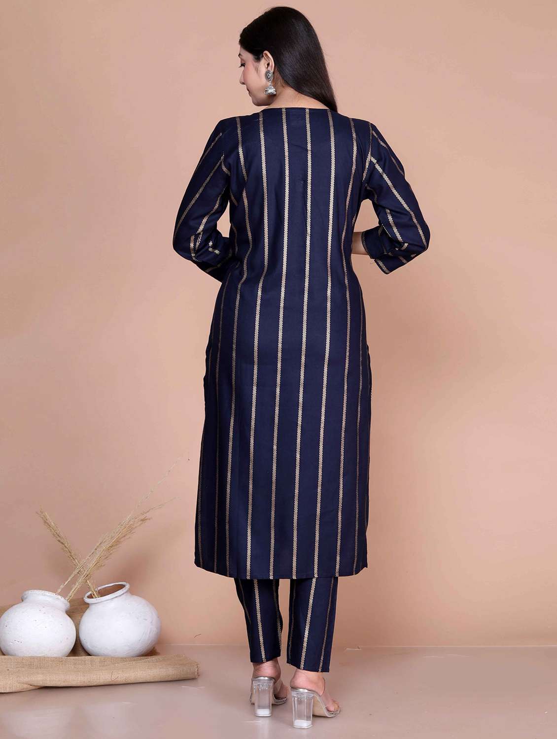 Women Striped Three Quarter Sleeve Kurta Pant Set - 22285702 -  Standard Image - 3
