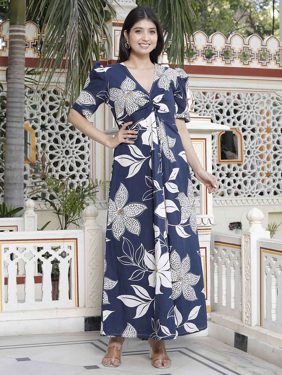 women printed puff sleeve a-line dress