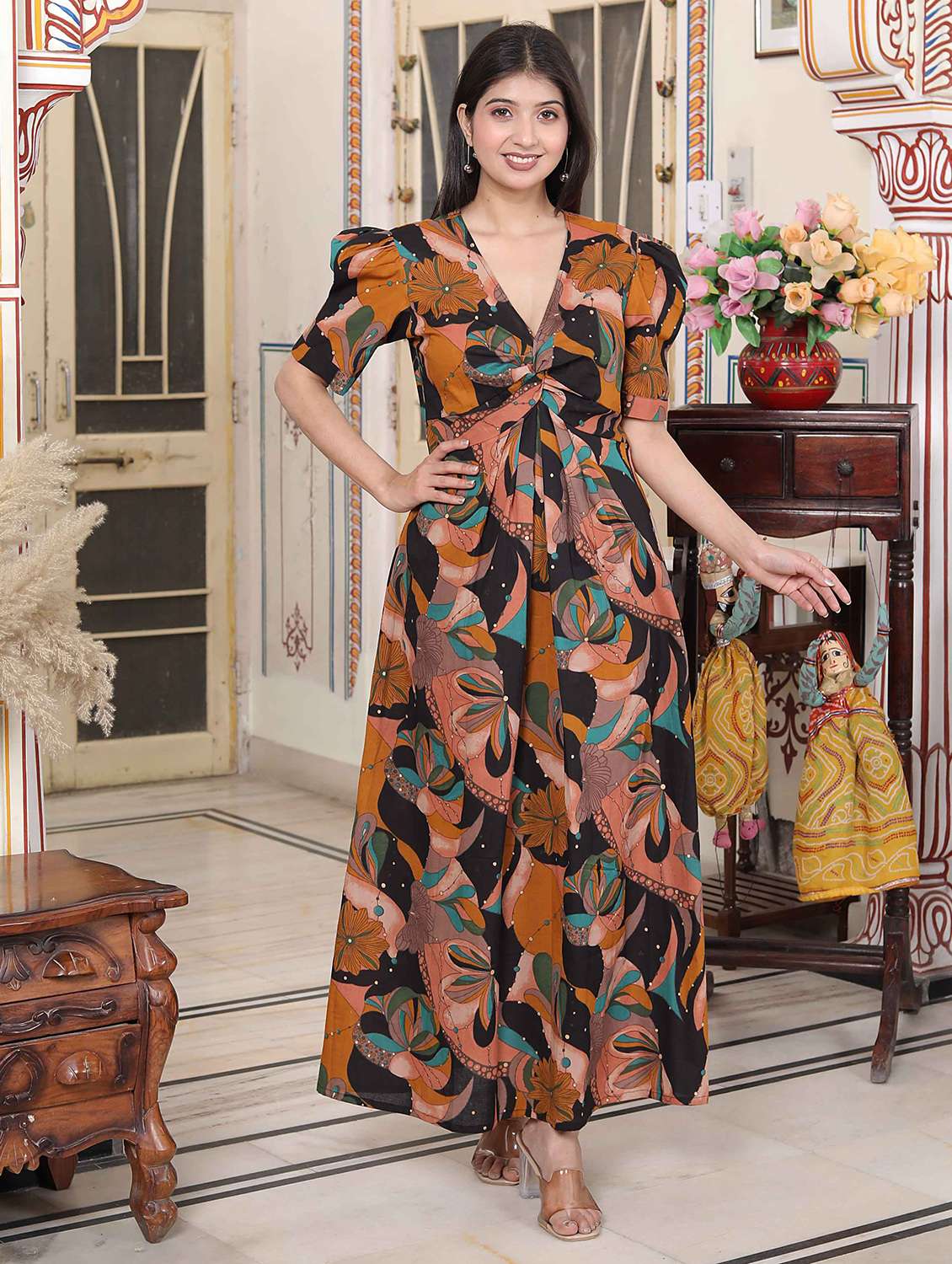 women printed puff sleeve a-line dress