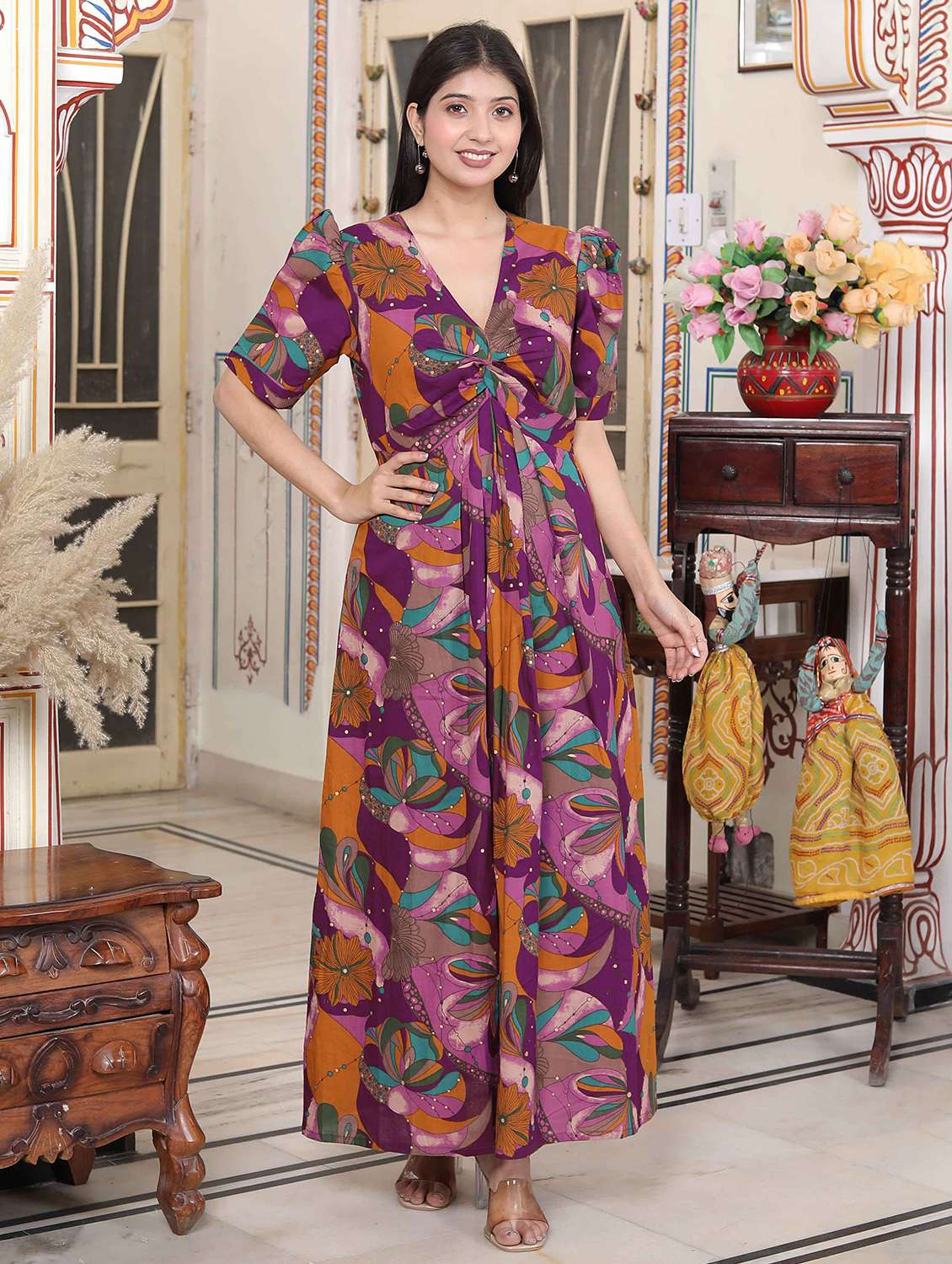 women printed puff sleeve a-line dress