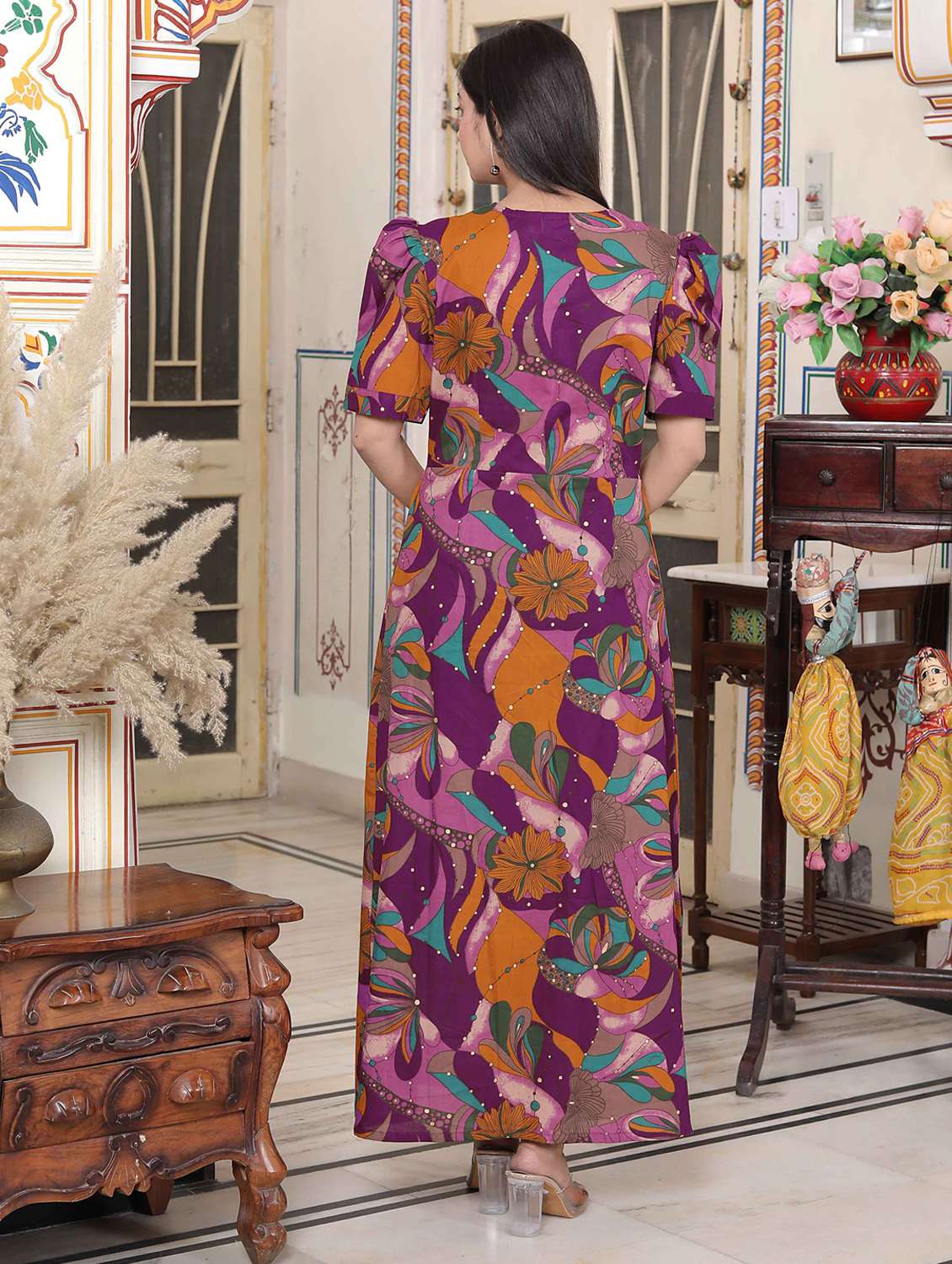 women printed puff sleeve a-line dress - 22285719 -  Standard Image - 3