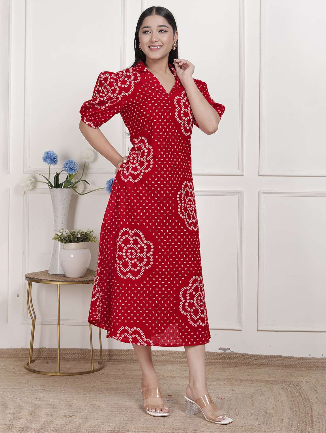 women printed puff sleeve a-line dress - 22285721 -  Standard Image - 3