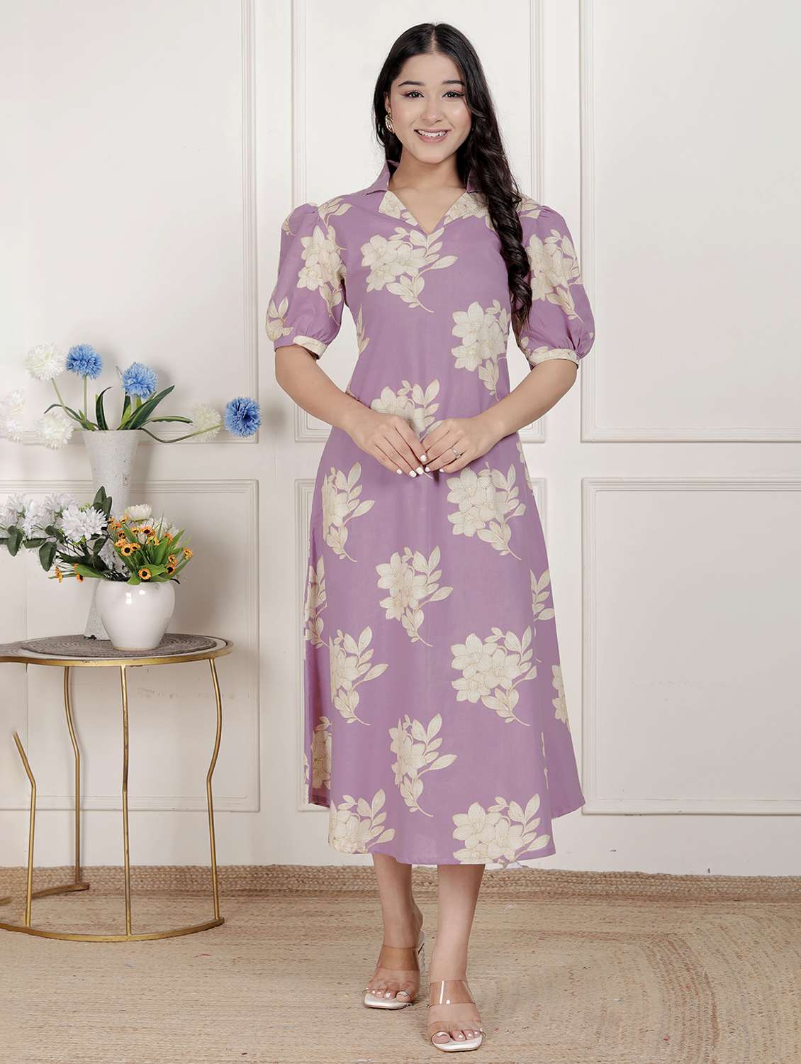 women printed puff sleeve a-line dress