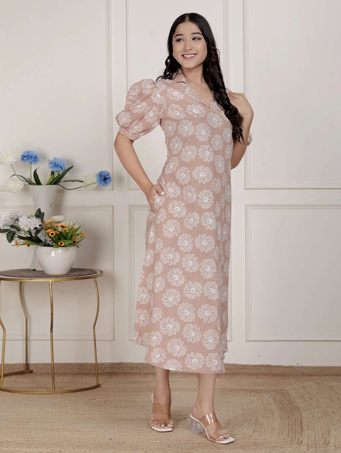 women printed puff sleeve a-line dress - 22285726 -  Standard Image - 3
