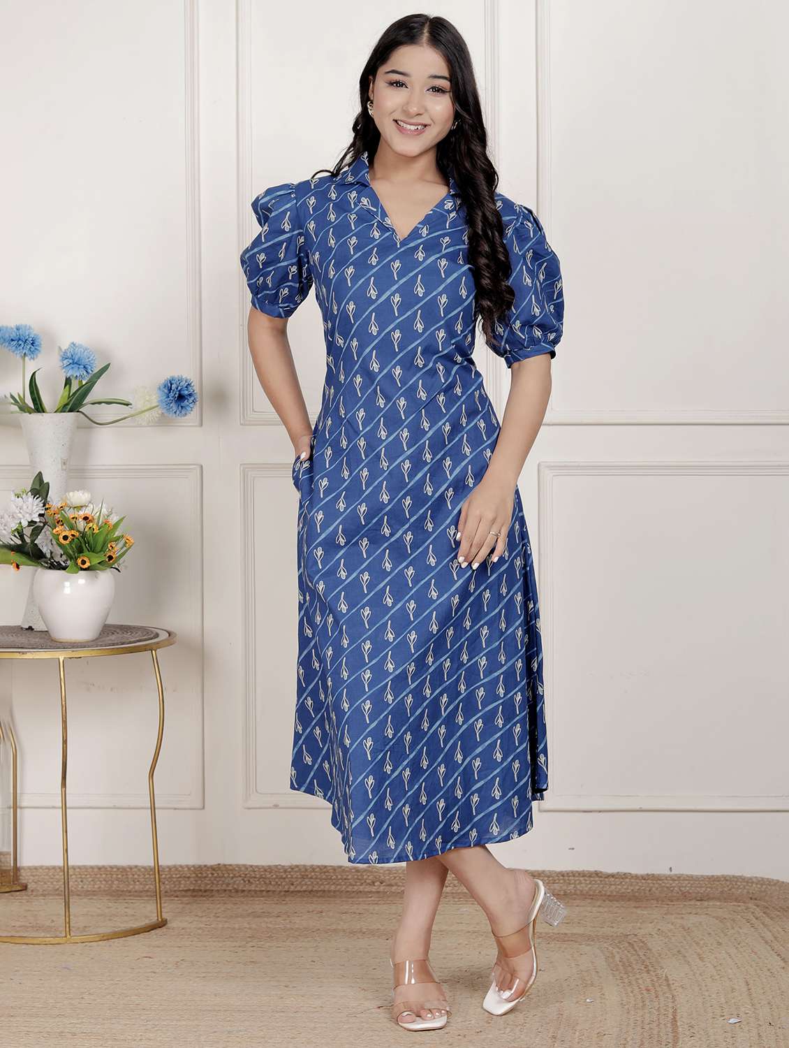 women printed puff sleeve a-line dress