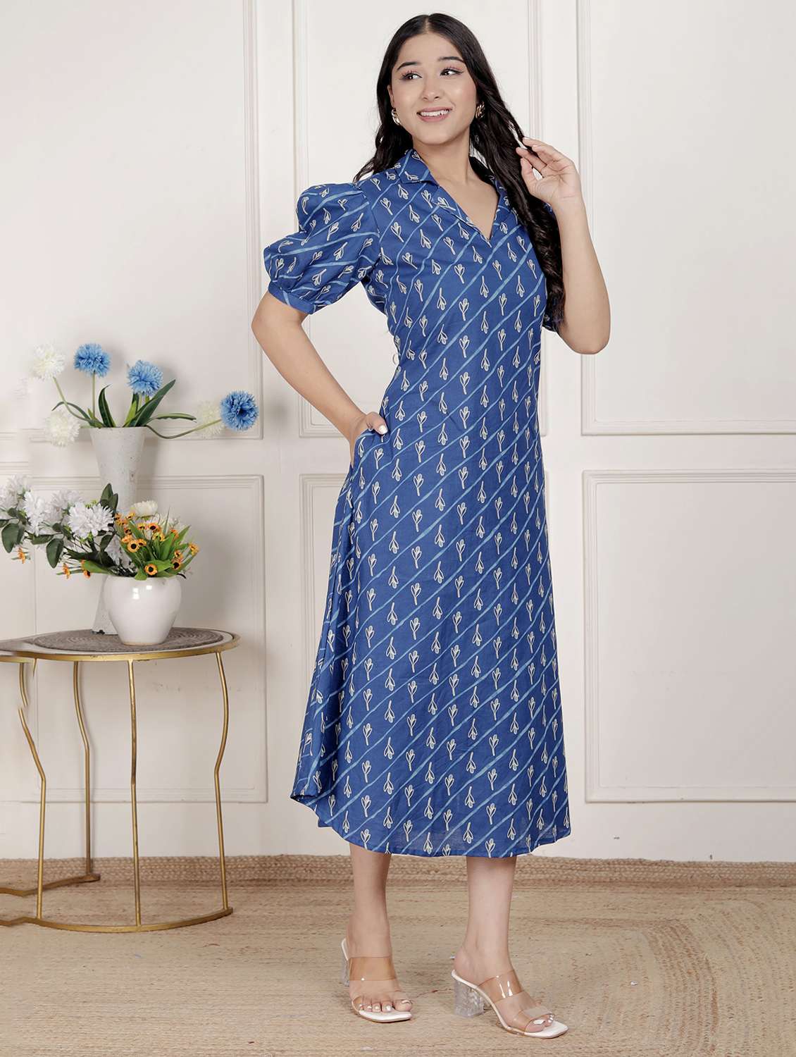 women printed puff sleeve a-line dress - 22285728 -  Standard Image - 3