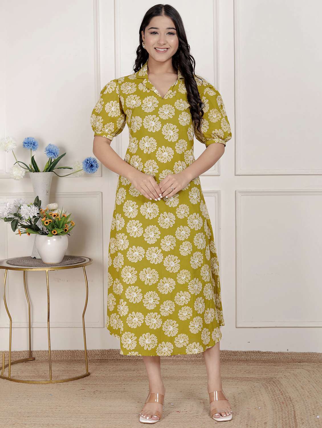 women printed puff sleeve a-line dress
