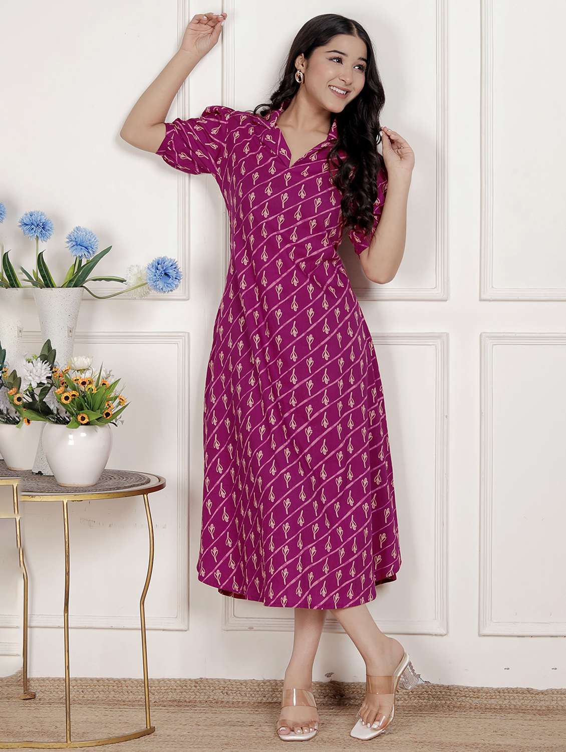 women printed puff sleeve a-line dress