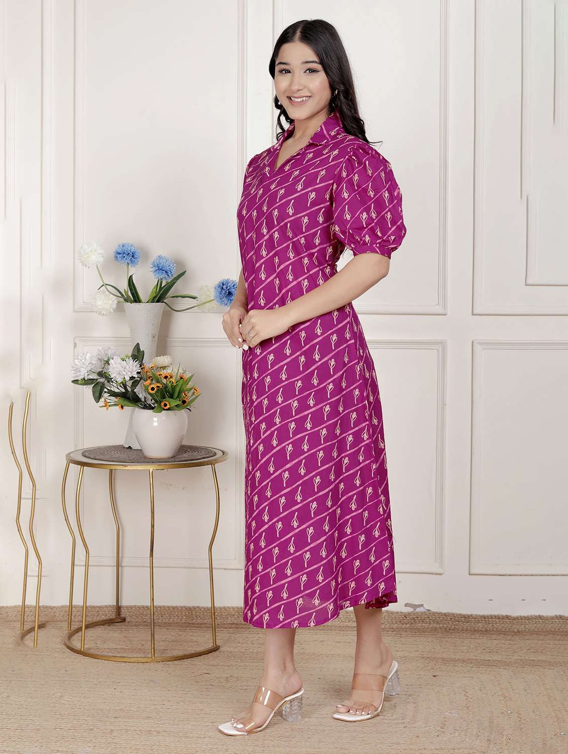 women printed puff sleeve a-line dress - 22285733 -  Standard Image - 3