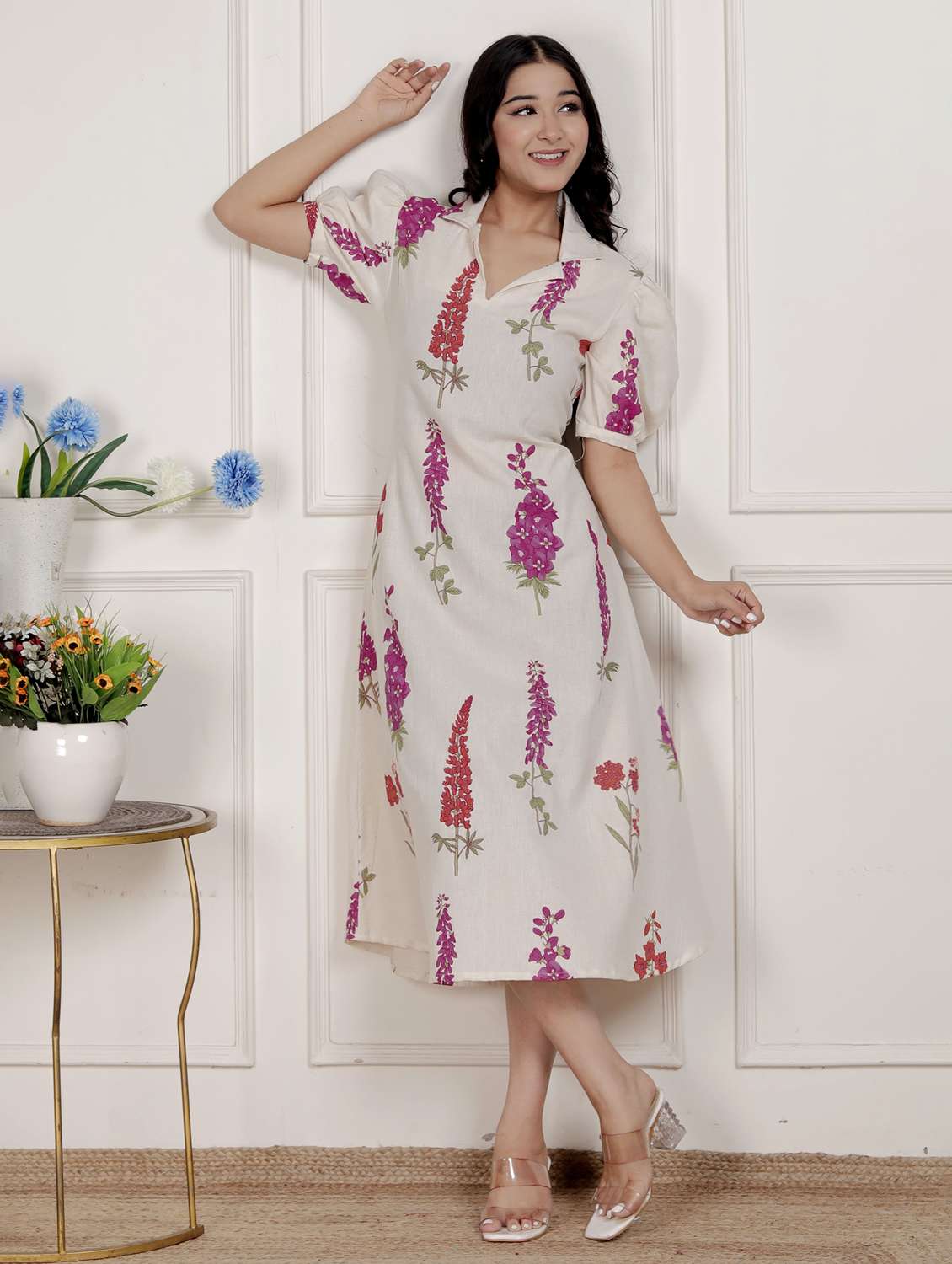 women printed puff sleeve a-line dress - 22285735 -  Standard Image - 3