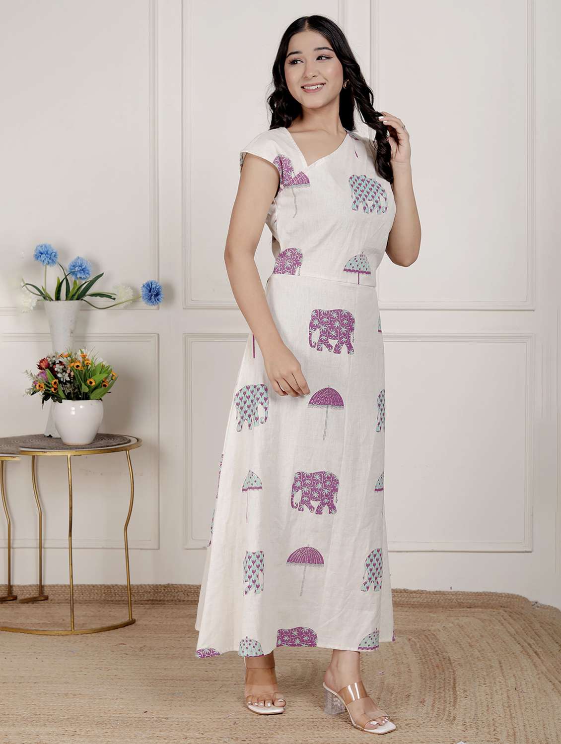 women printed cap sleeve a-line dress