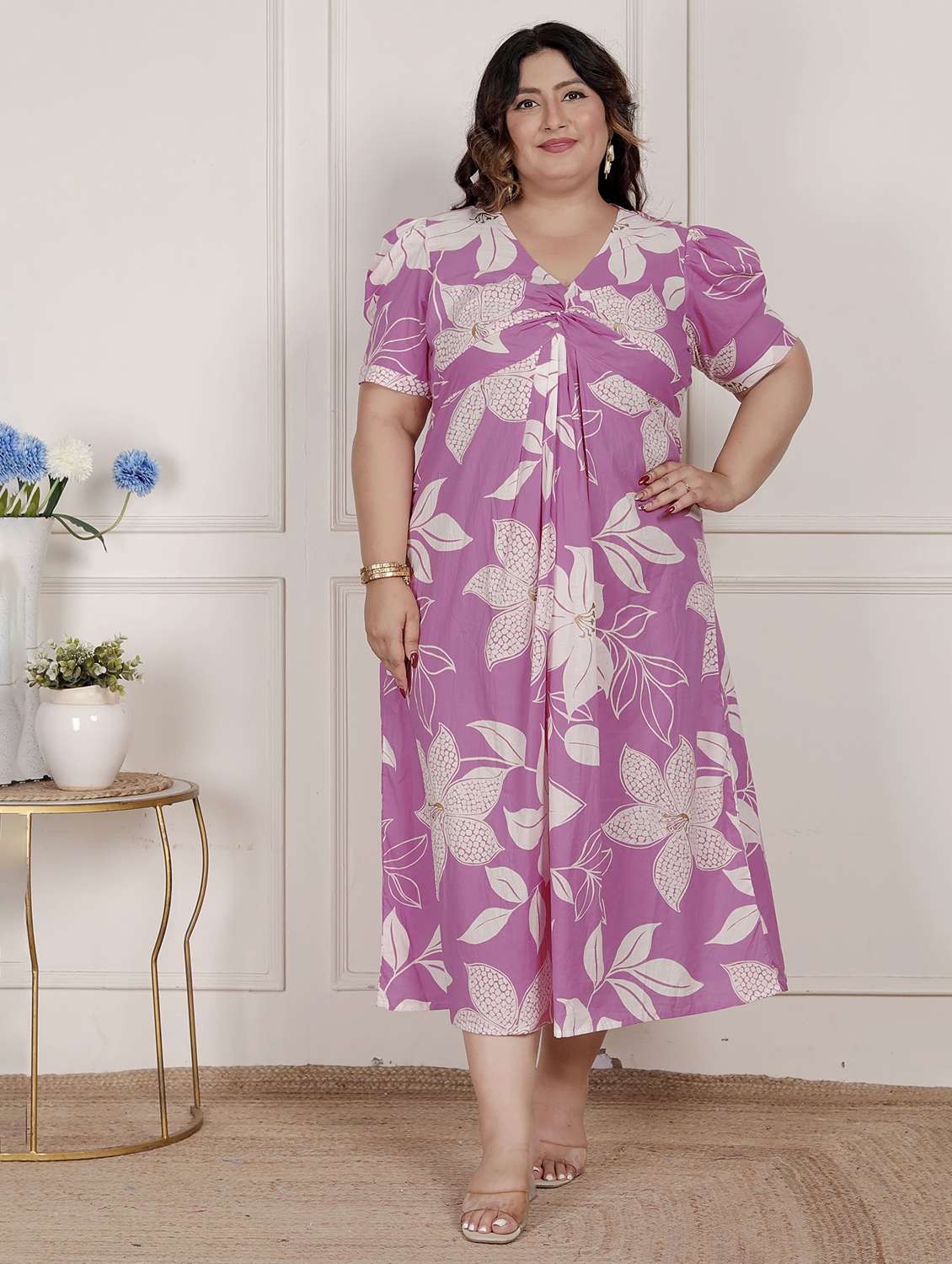 women plus size floral print puff sleeve dress