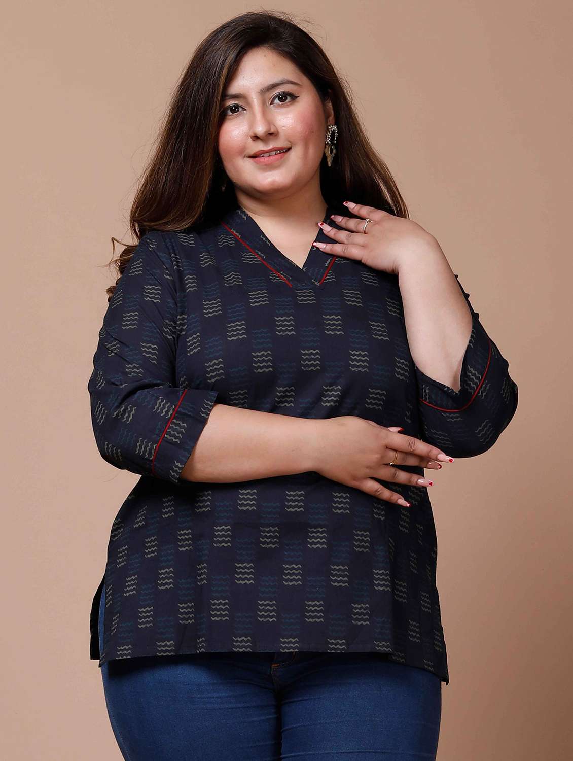 women printed three quarter sleeve straight kurti