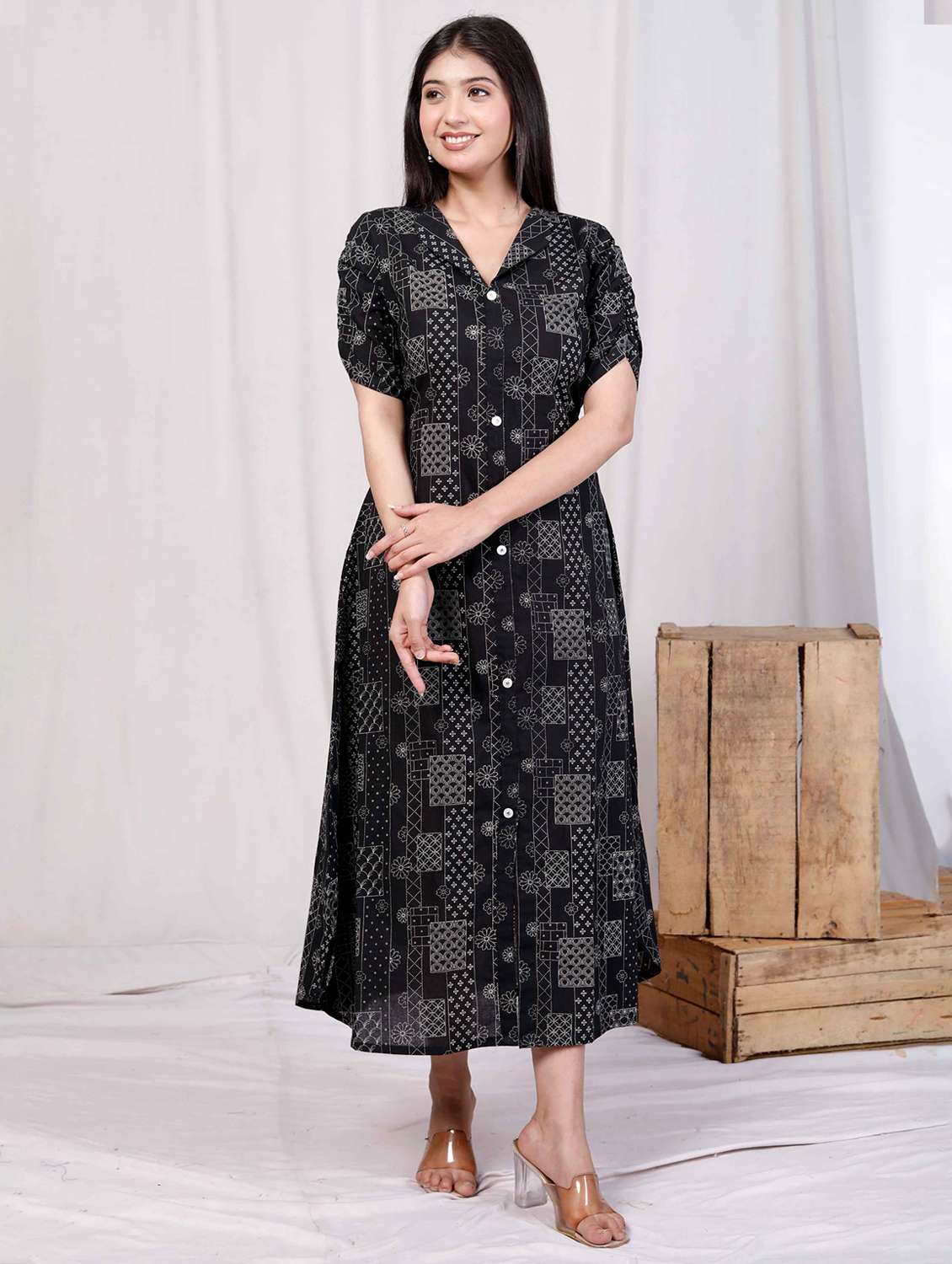 women printed puff sleeve a-line dress