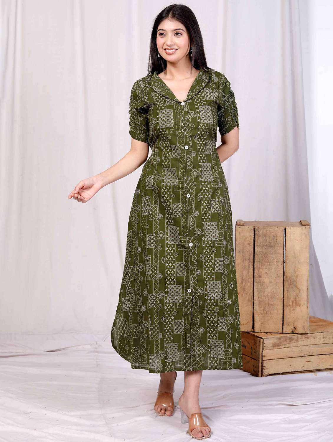 women printed puff sleeve a-line dress
