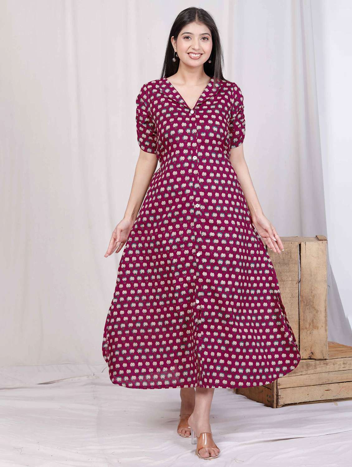 women printed puff sleeve a-line dress