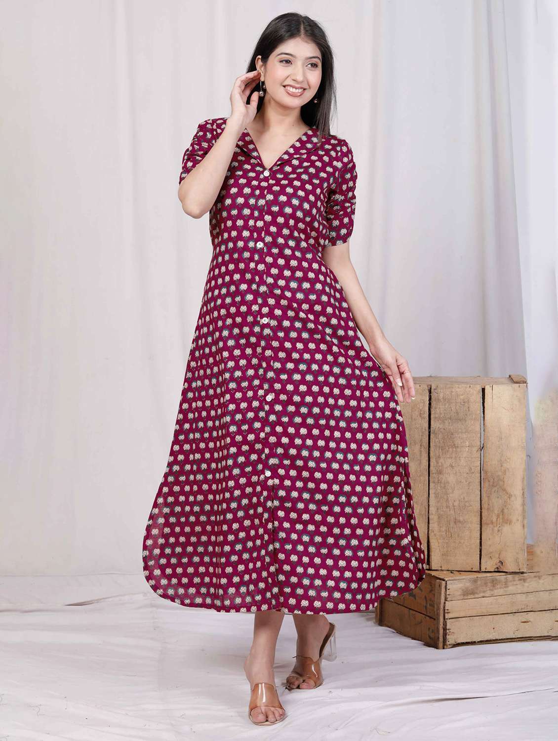women printed puff sleeve a-line dress - 22285758 -  Standard Image - 3