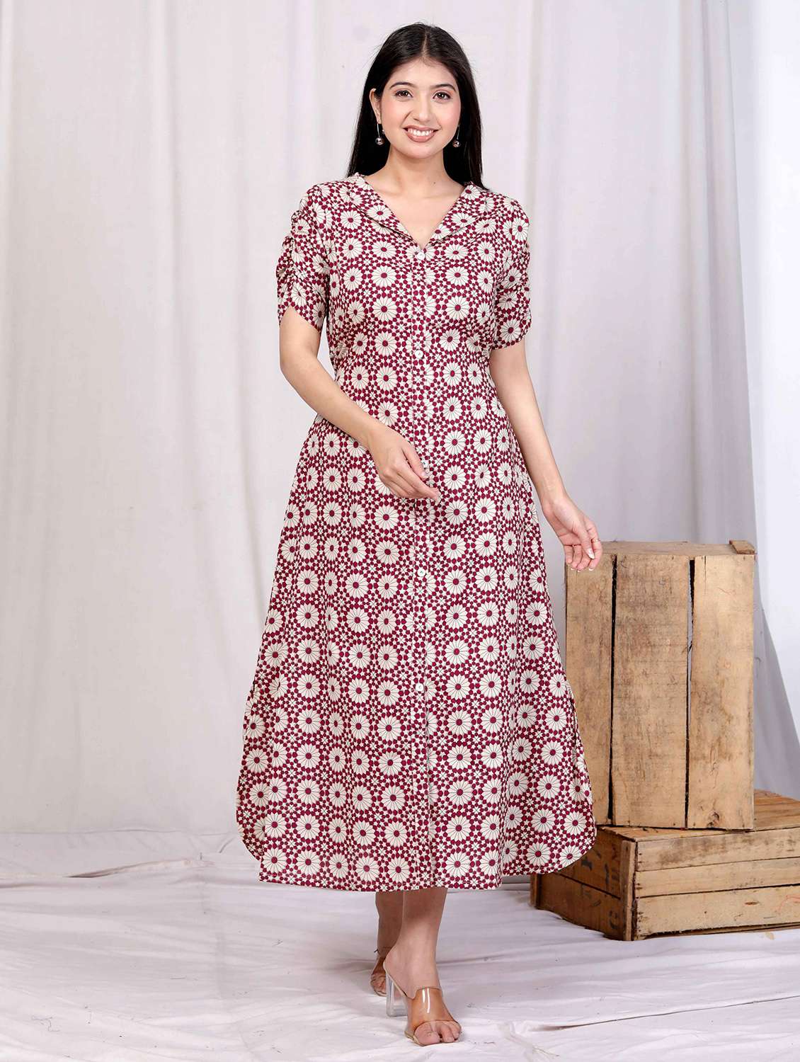 women printed puff sleeve a-line dress