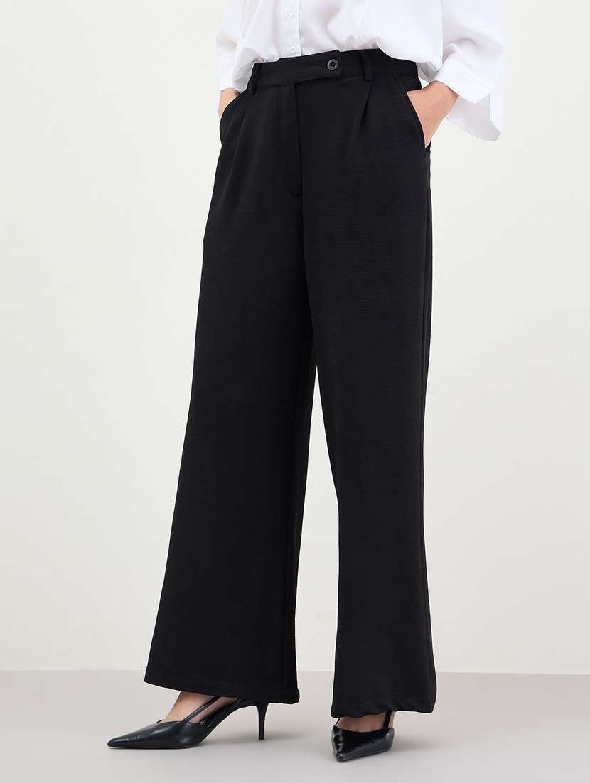 women solid high rise wide leg trouser