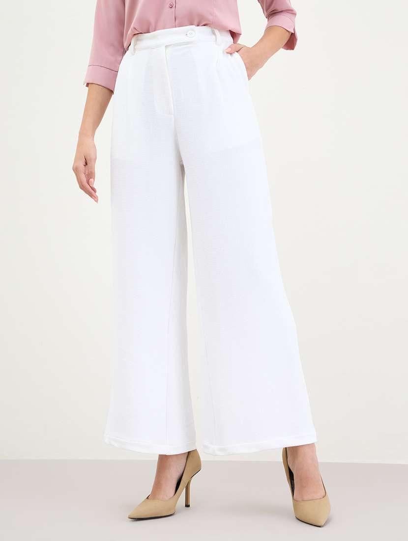 women solid high rise wide leg trouser
