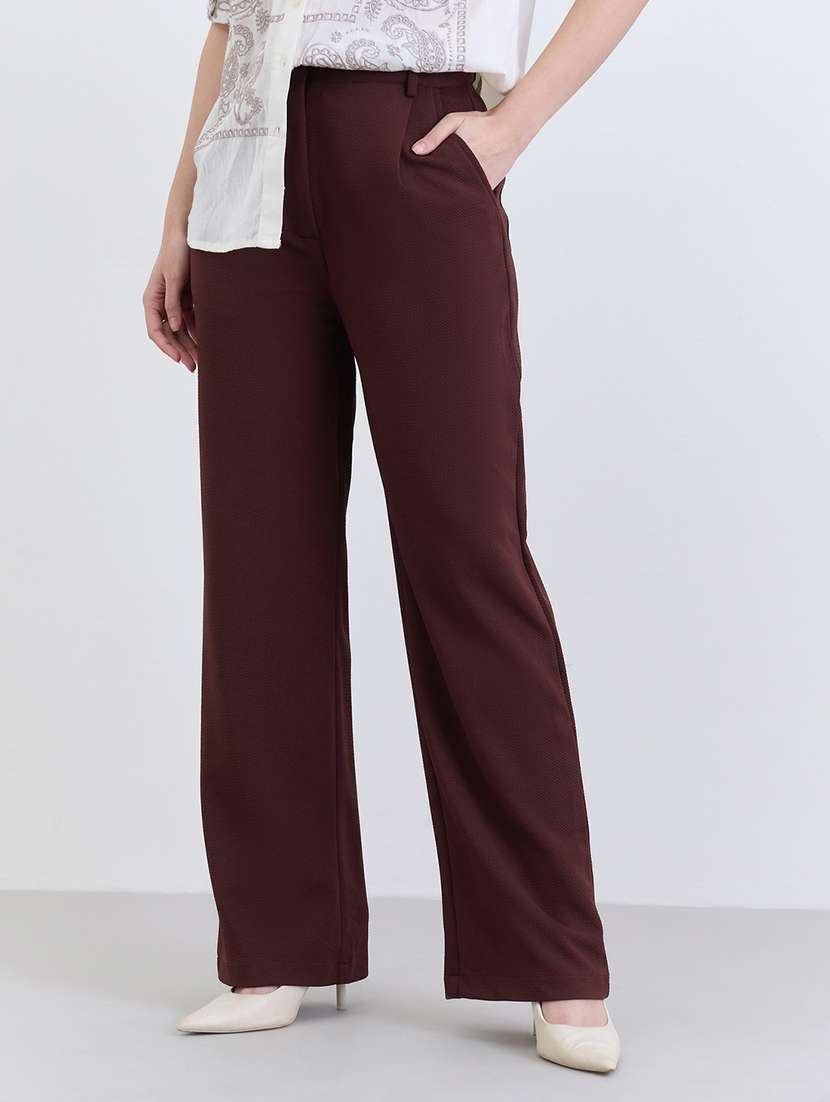 women solid high rise straight trouser