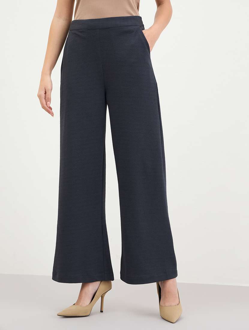 women solid high rise wide leg trouser