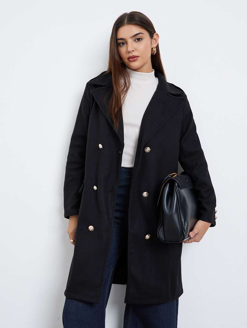 women solid long sleeve trench coat