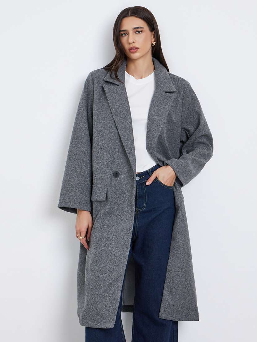 women solid long sleeve trench coat