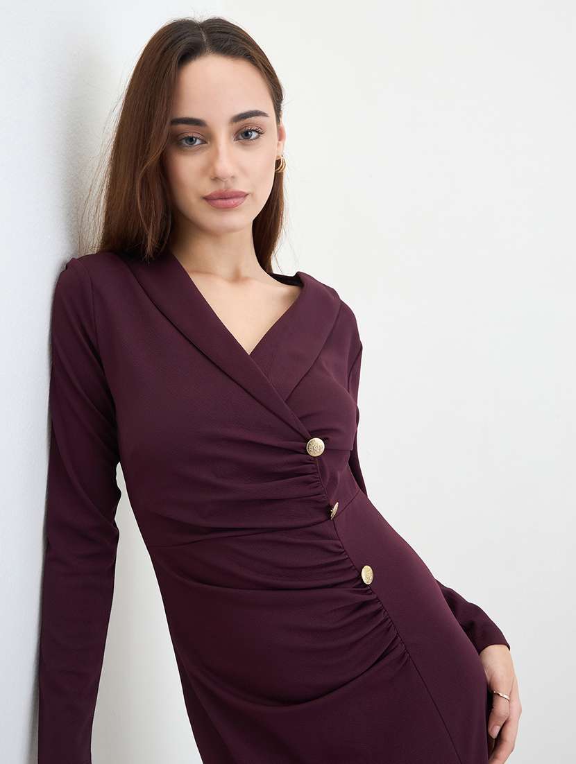 women solid lapel neck long sleeve bodycon dress - 22285807 -  Standard Image - 3
