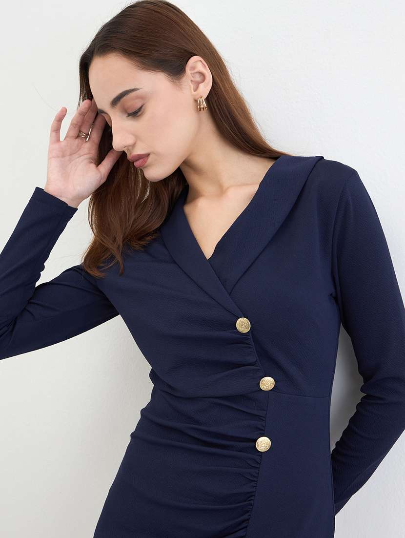 women solid lapel neck long sleeve bodycon dress - 22285808 -  Standard Image - 3