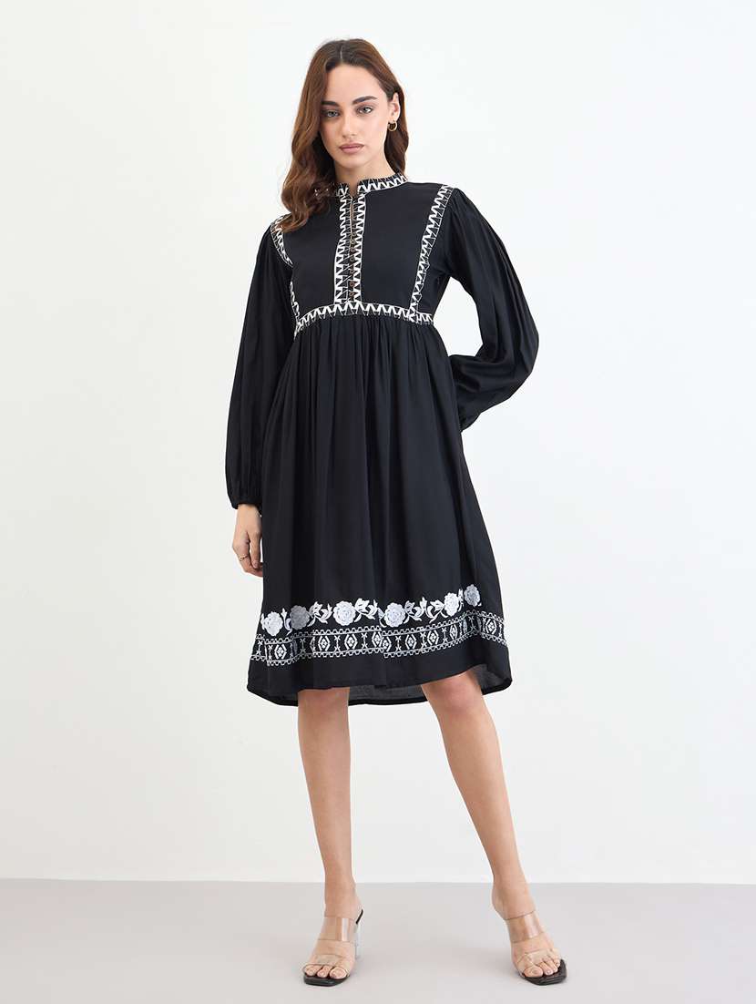 women embroidered puff sleeve fit and flared dress