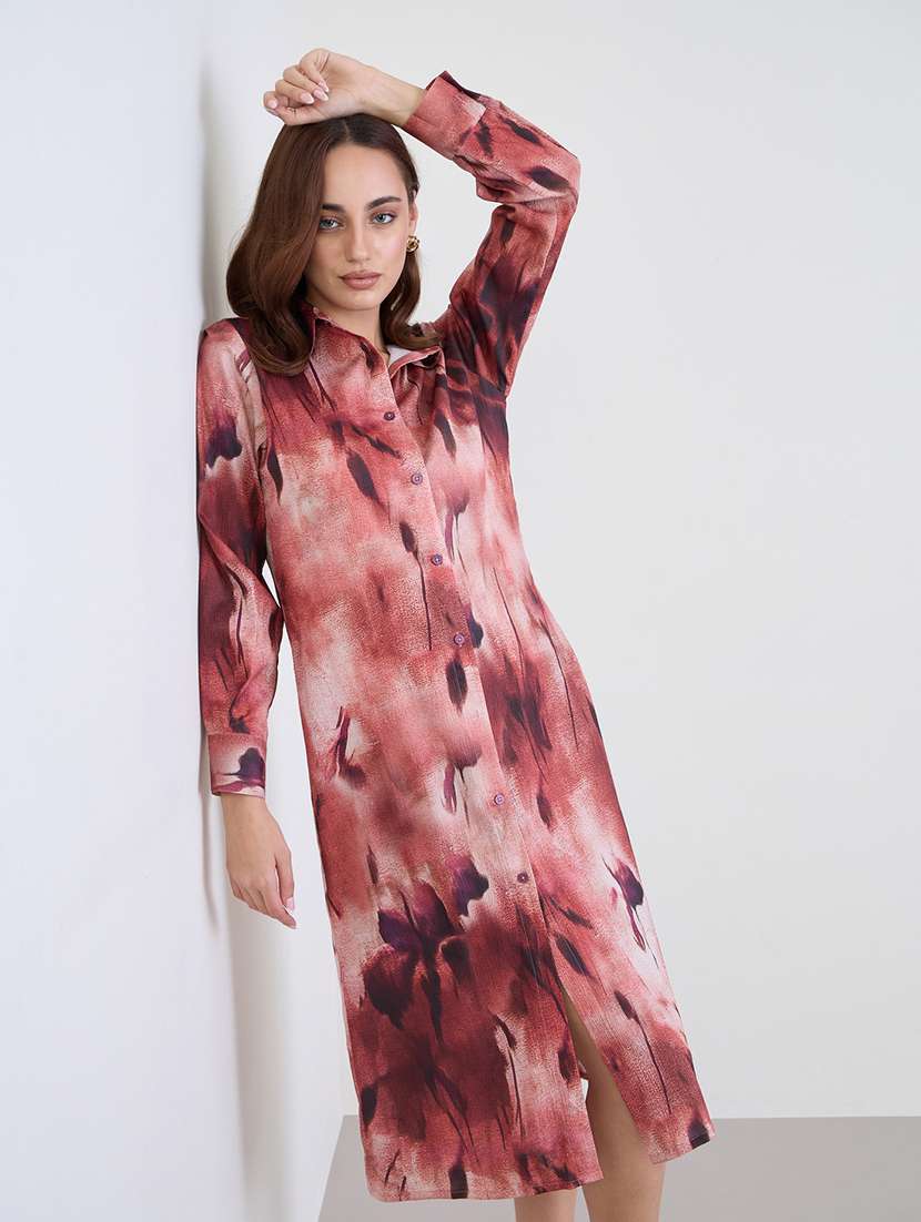 women printed collared long sleeve shirt dress - 22285812 -  Standard Image - 3