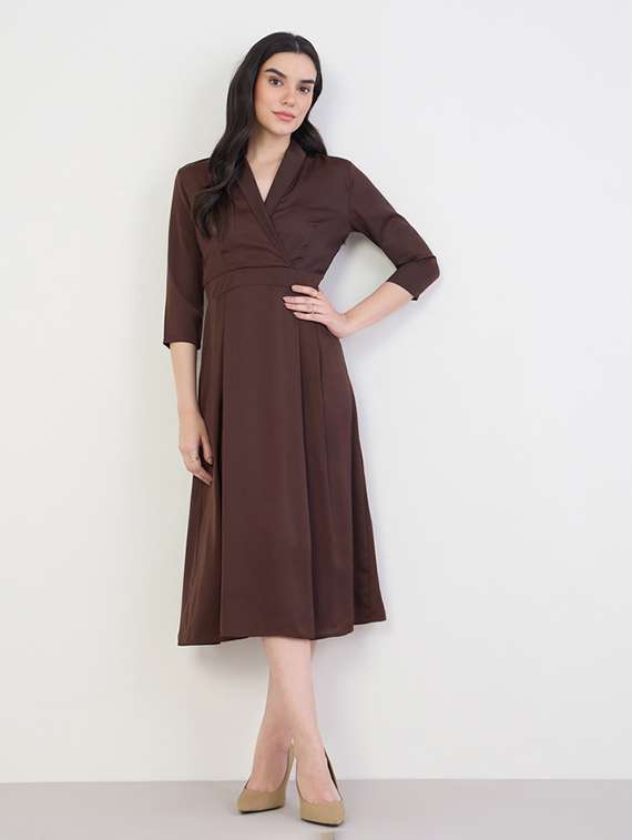 women solid overlap neck a-line dress