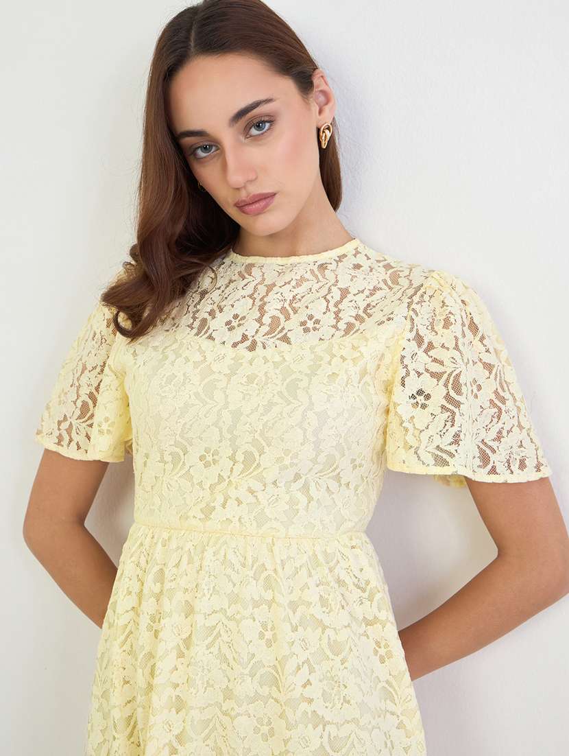 women solid puff sleeve lace fit & flare dress - 22285817 -  Standard Image - 3