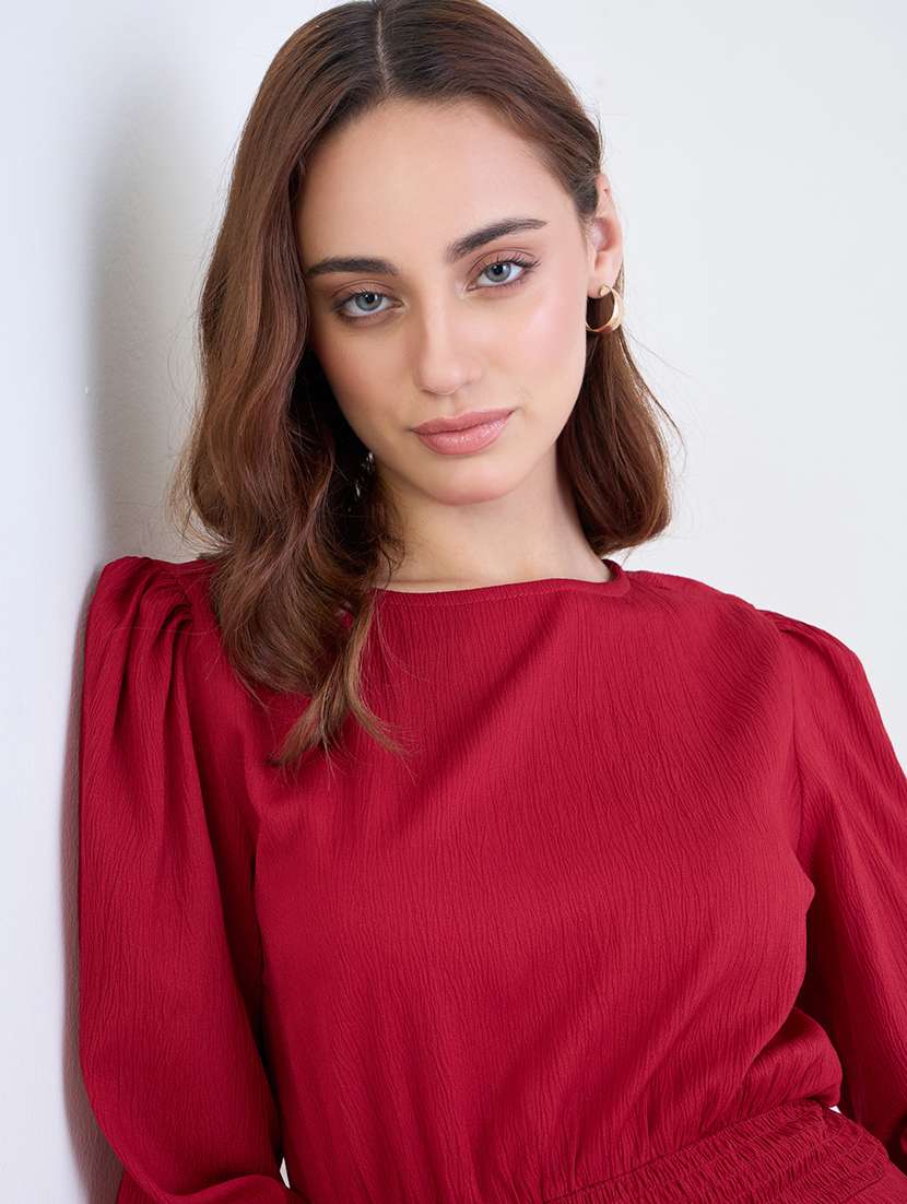 women solid puff sleeve a-line dress - 22285819 -  Standard Image - 3