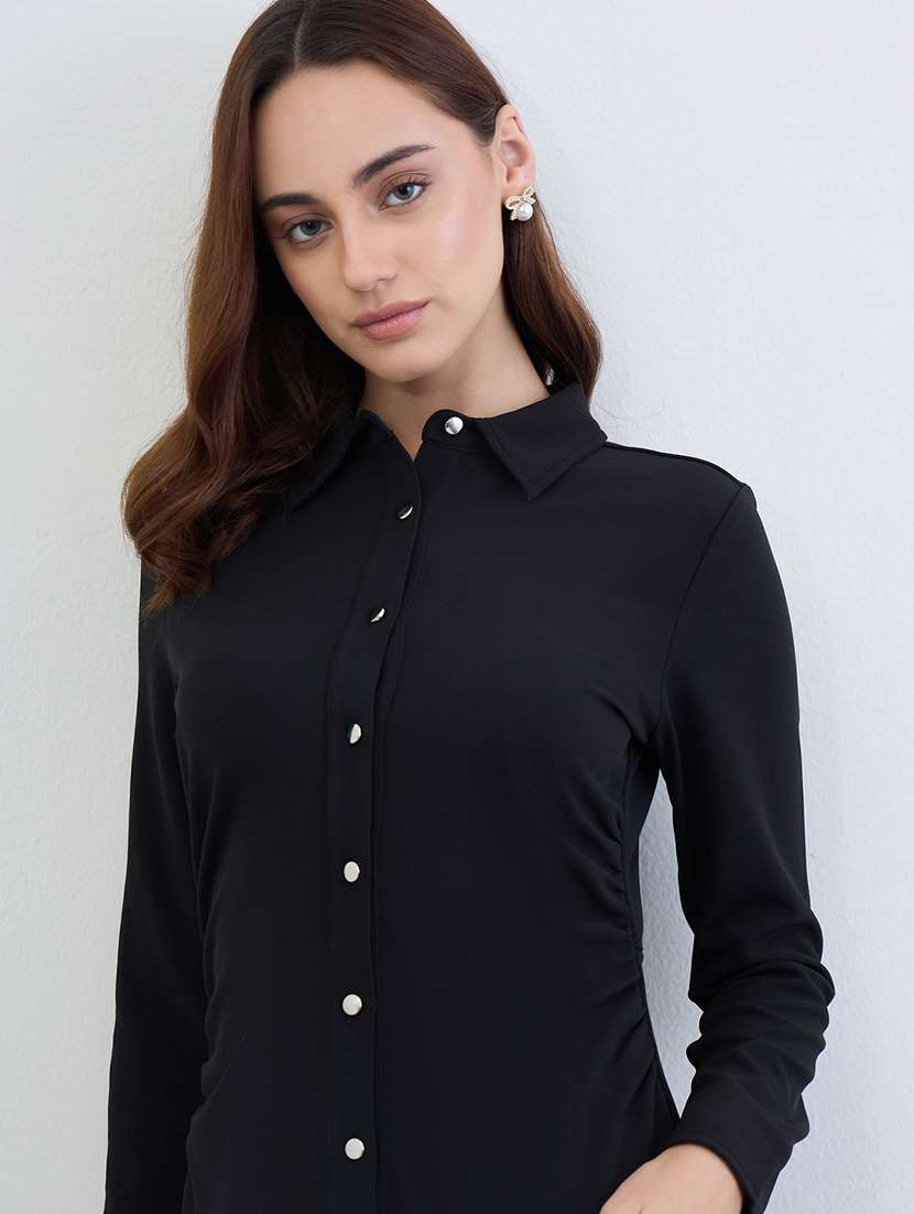 women solid collared long sleeve shirt dress - 22285821 -  Standard Image - 3