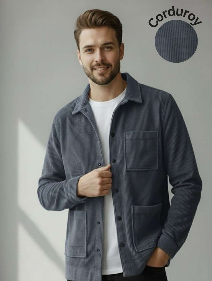 men solid collared long sleeve shacket