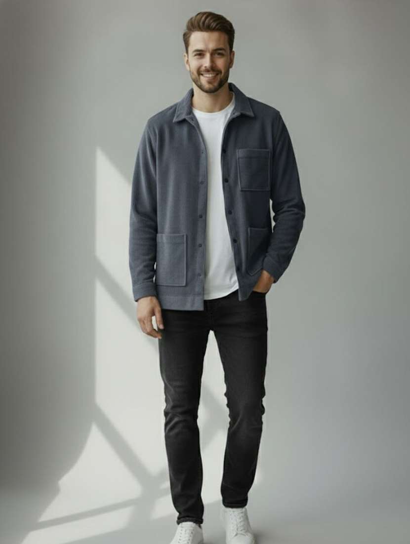 men solid collared long sleeve shacket - 22285879 -  Standard Image - 3