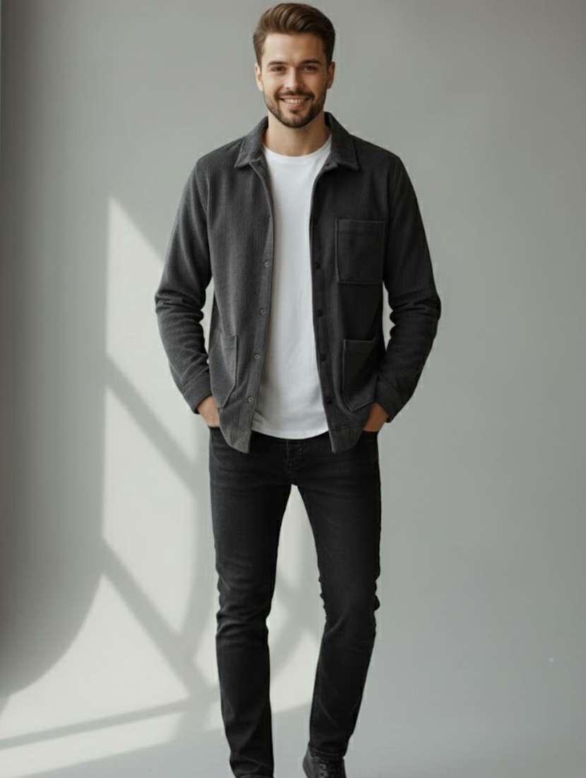 men solid collared long sleeve shacket - 22285880 -  Standard Image - 3