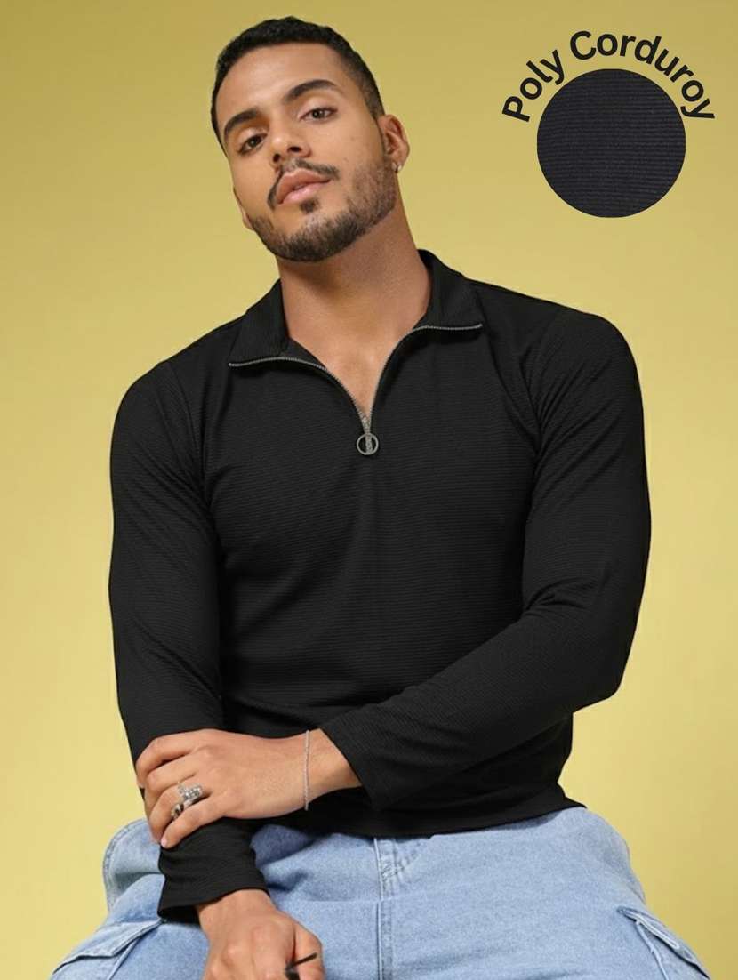 men solid stand collar long sleeve t-shirt