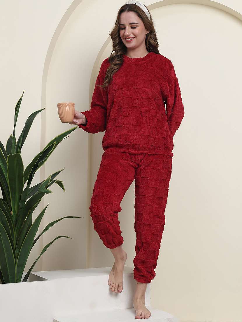 women solid long sleeve nightwear pyjama set