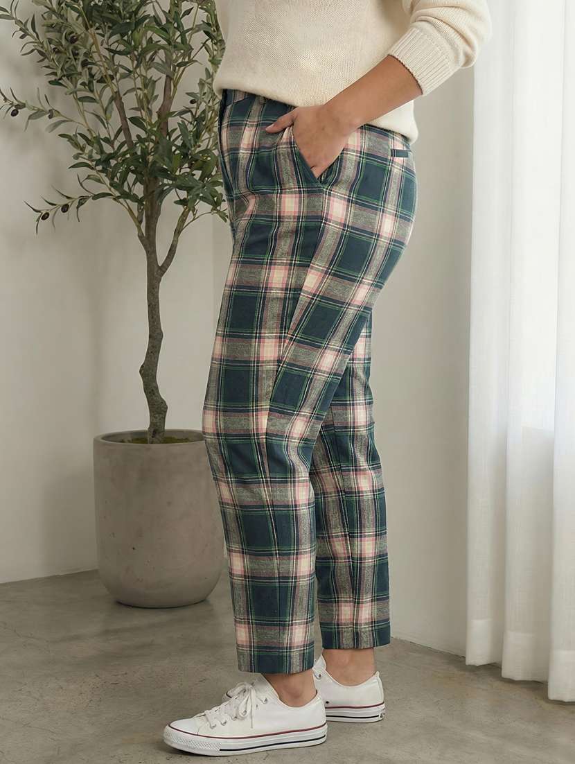 women checkered high risel straight trouser