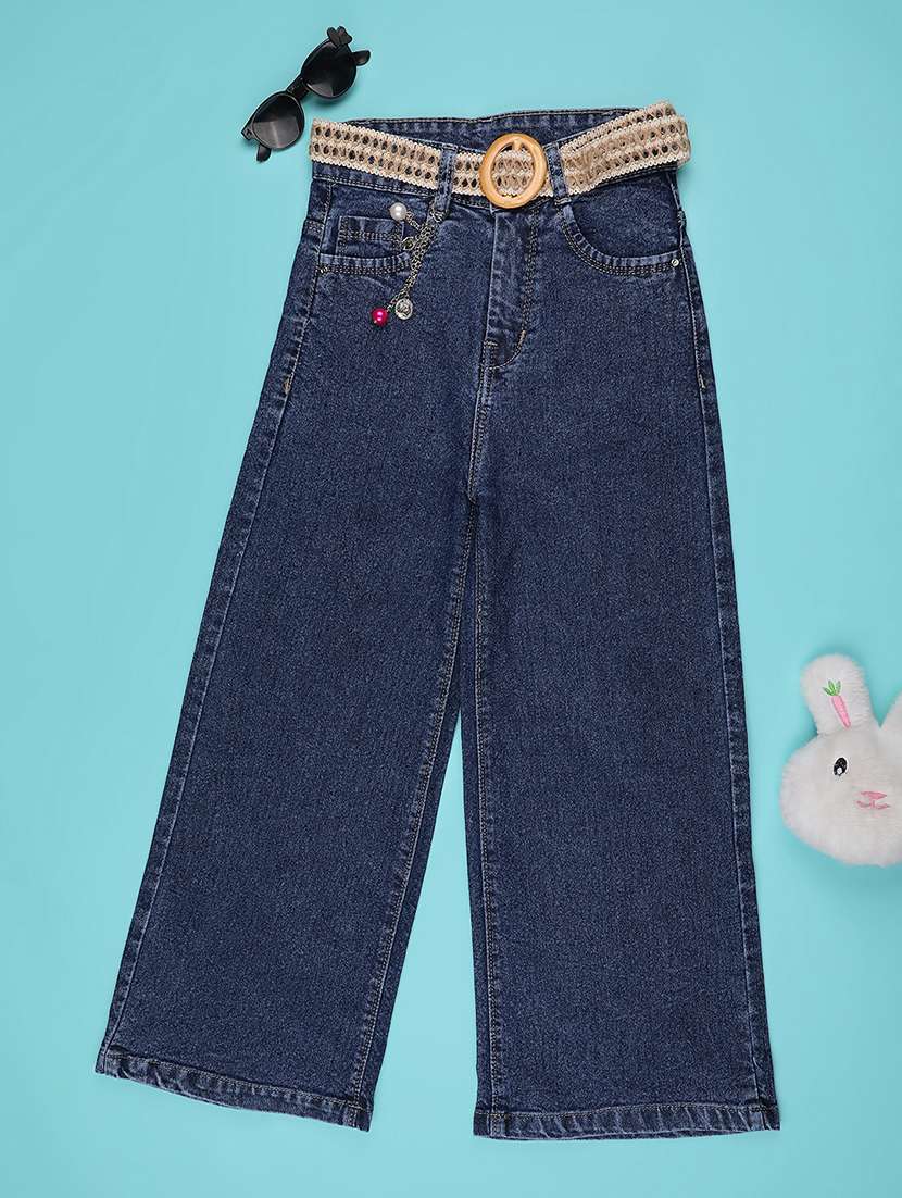 girls solid mid rise wide leg jeans