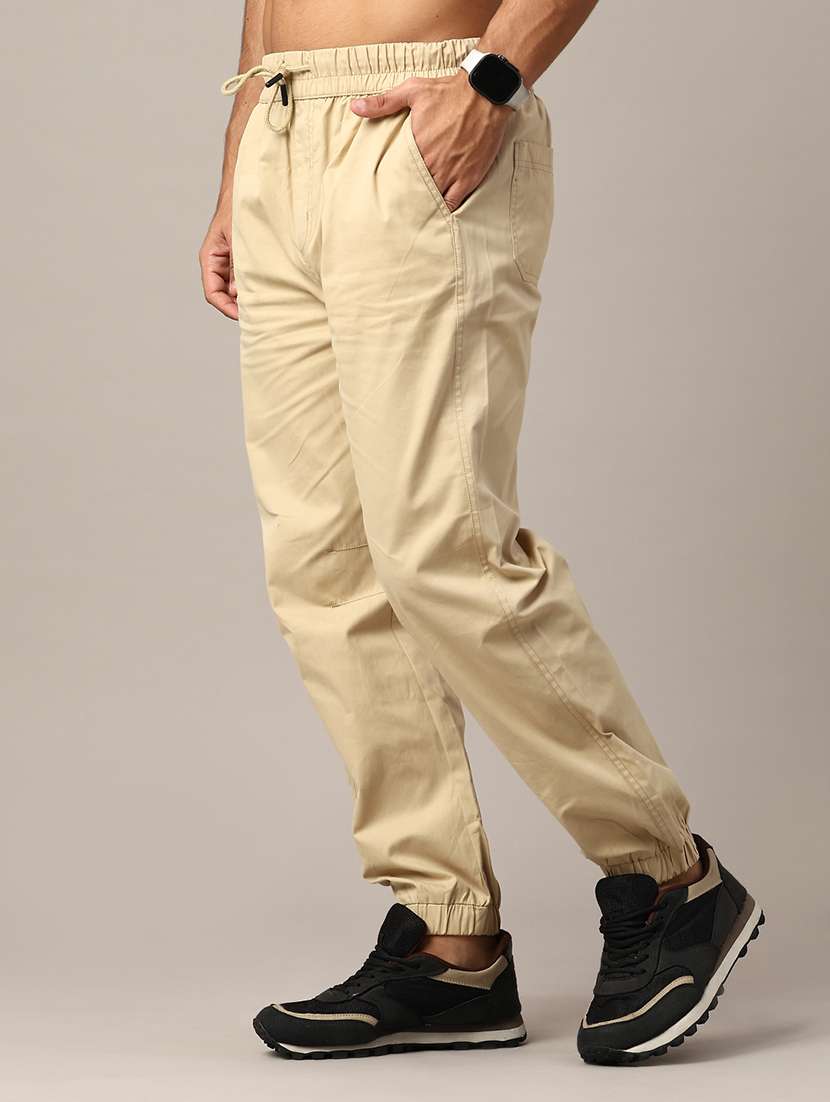 men beige cotton taped casual trouser
