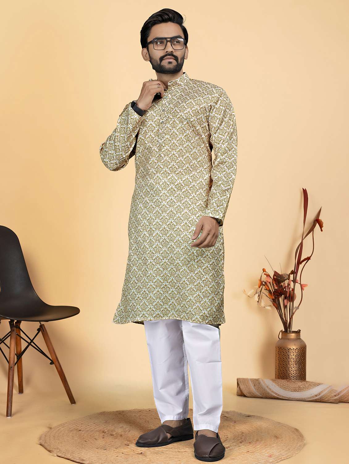 men printed mandarin neck long kurta