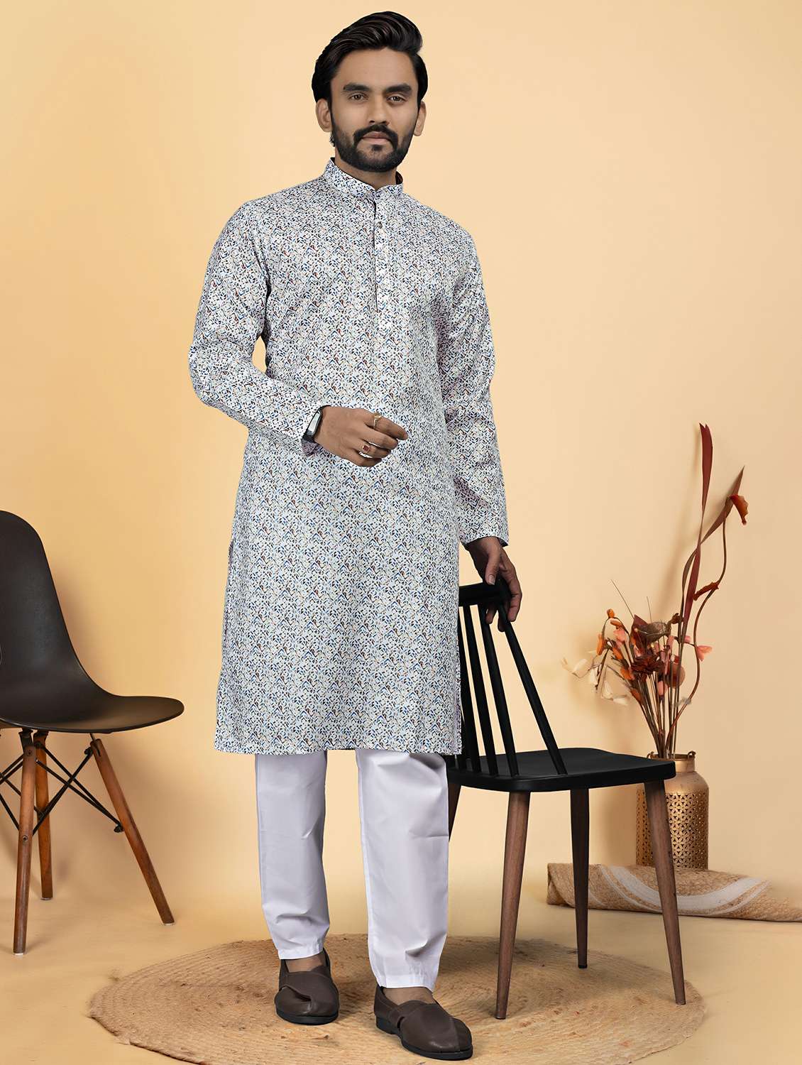men printed mandarin neck long kurta